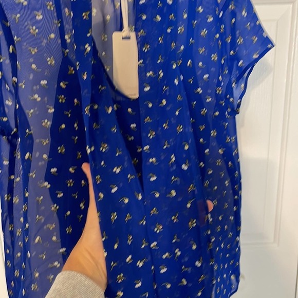 Pleione 2 piece Blue Tank Under Sheer Floral Cap Sleeve Top with Tie Small NWT - Picture 9 of 11